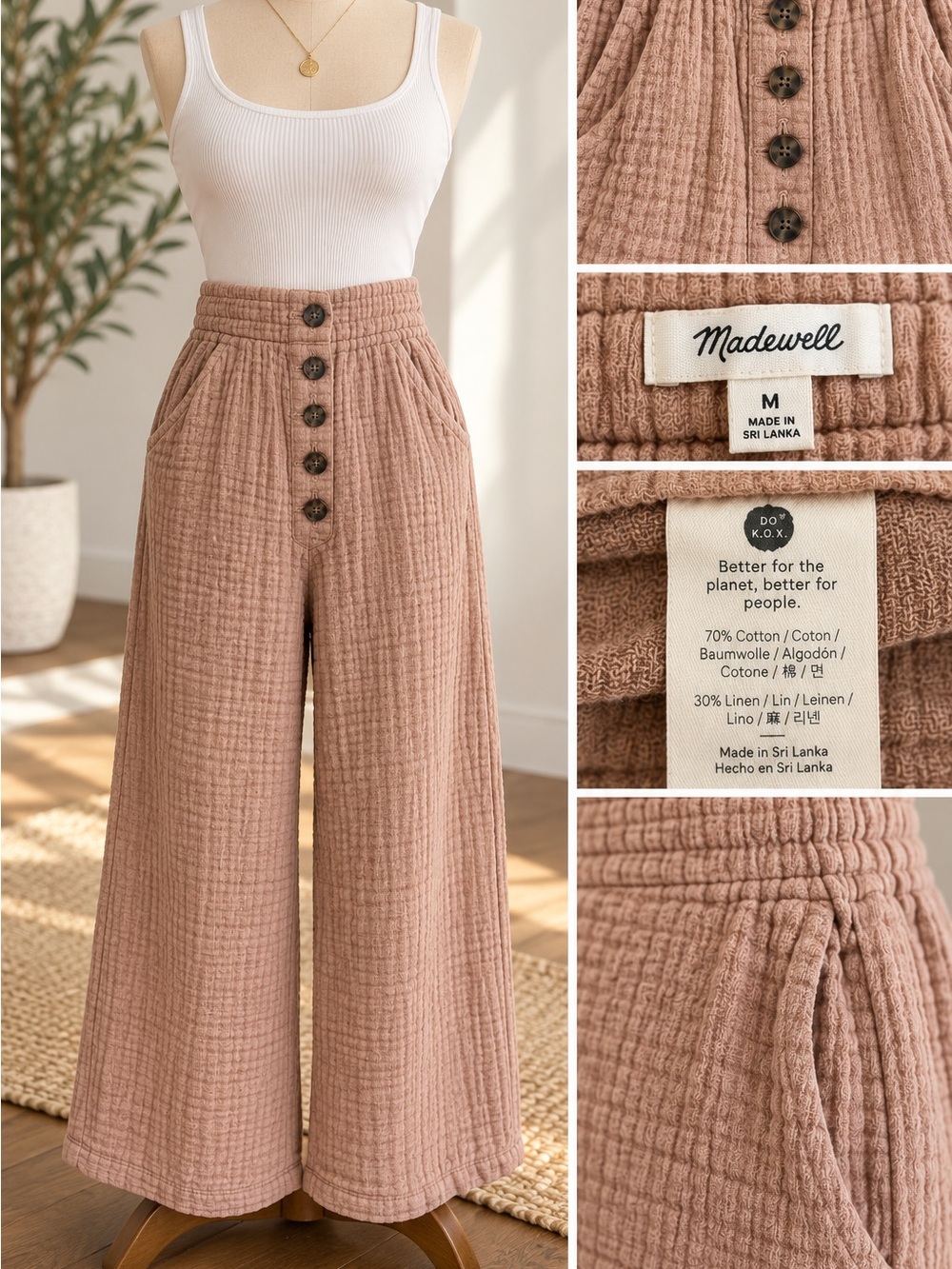 Madewell Cotton Linen Textured Button Front Wide Leg Pants Size M